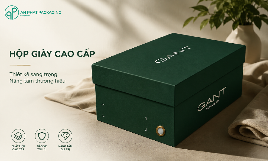 Hộp giấy đựng giày cao cấp hiệu ứng vân nổi — premium shoe box manufacturer Vietnam — An Phat Packaging