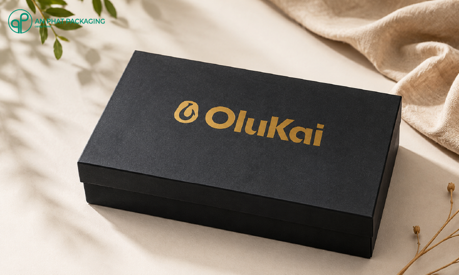 Hộp giấy đựng giày cao cấp OLUKAI sóng E in offset — premium E-flute shoe box Vietnam — An Phat Packaging