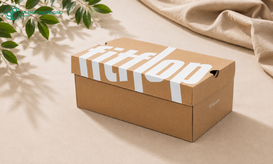 Hộp giày FitFlop hộp sóng Kraft in logo trắng bold — corrugated shoe box Vietnam — An Phat Packaging