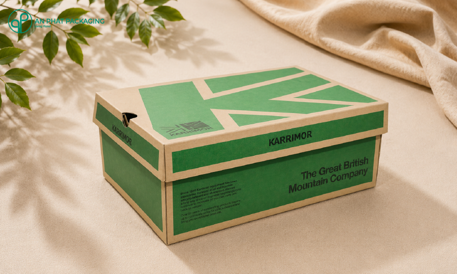 Hộp giày Karrimor Green xanh teal chữ K hình học — premium shoe box Vietnam — An Phat Packaging