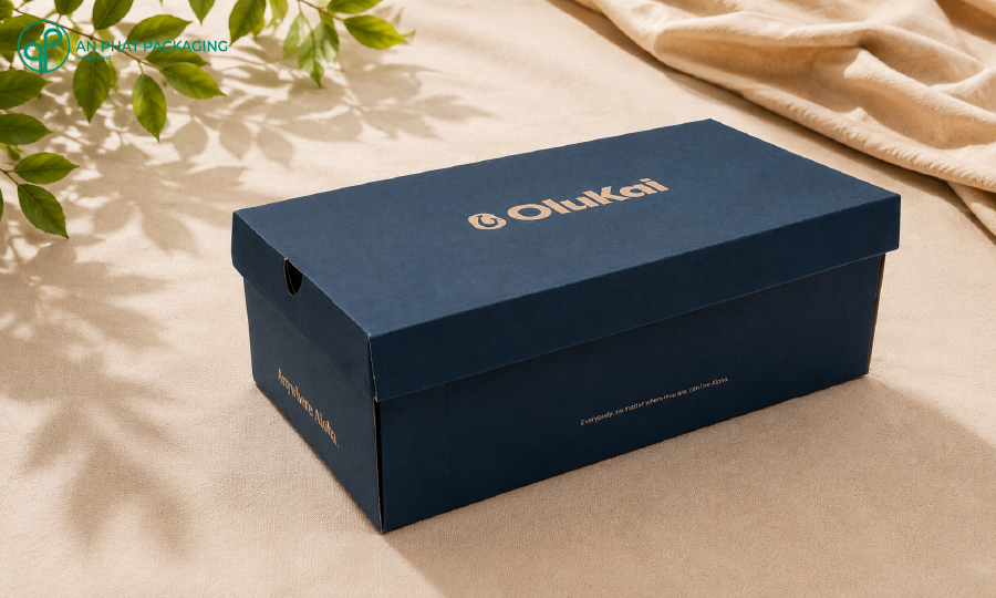 Hộp giày OluKai xanh navy in vàng gold phủ UV — premium shoe box Vietnam — An Phat Packaging