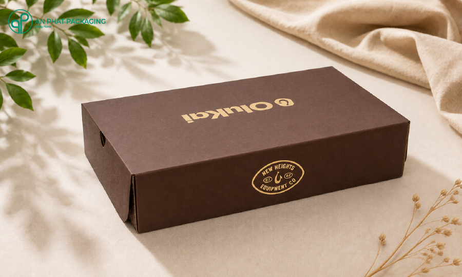 Hộp giày cao cấp OluKai New Heights ép kim nhũ vàng giấy Kraft nâu — premium shoe box Vietnam — An Phat Packaging